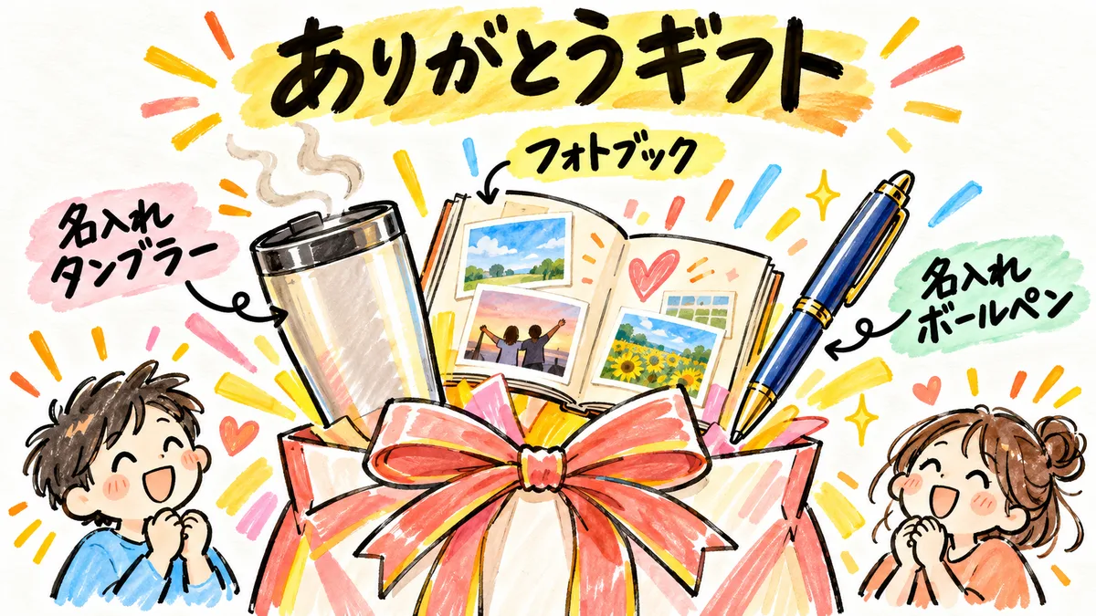 名入れタンブラー・寄せ書きミニ冊子・おまけの入ったギフトのイラスト