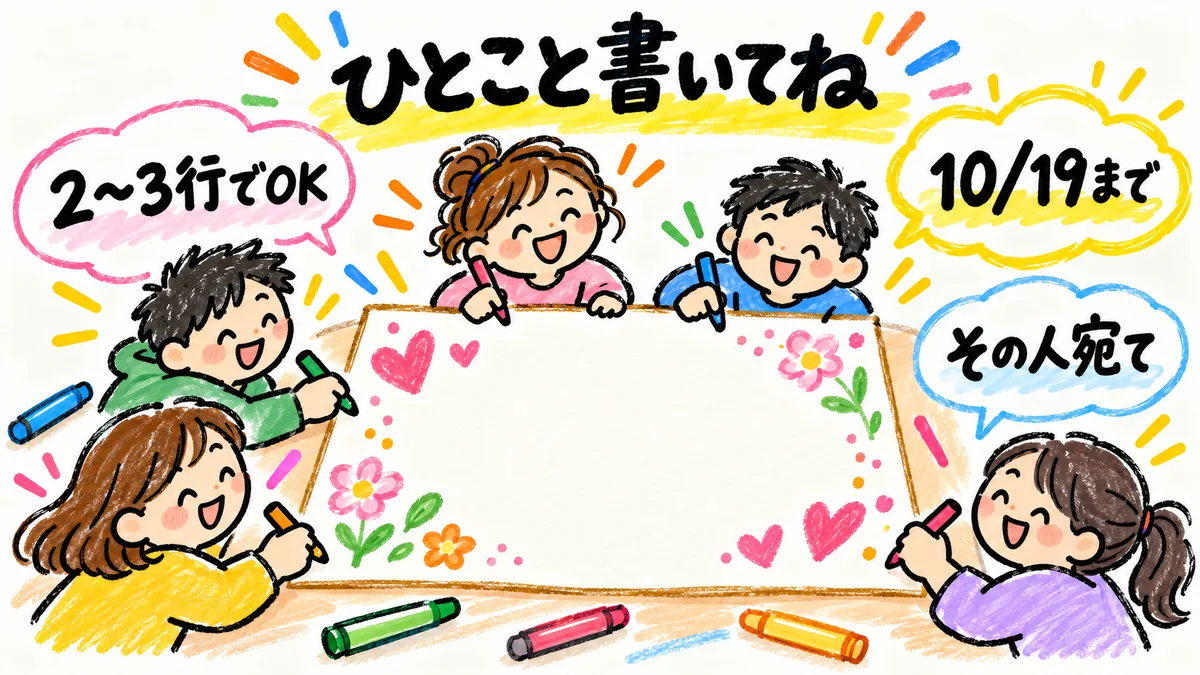 みんなで寄せ書き用紙にひとこと書いているイラスト